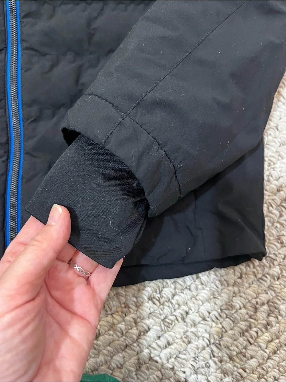 Gerry Outdoors Black Puffer Hooded Jacket with Blue Zippers and Inner Cuffs